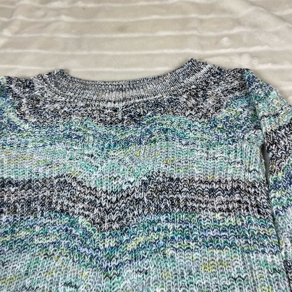 J Jill S Blue Green Preppy Space Dye 1/2 Sleeve Chunky Knit Sweater Fall Spring
